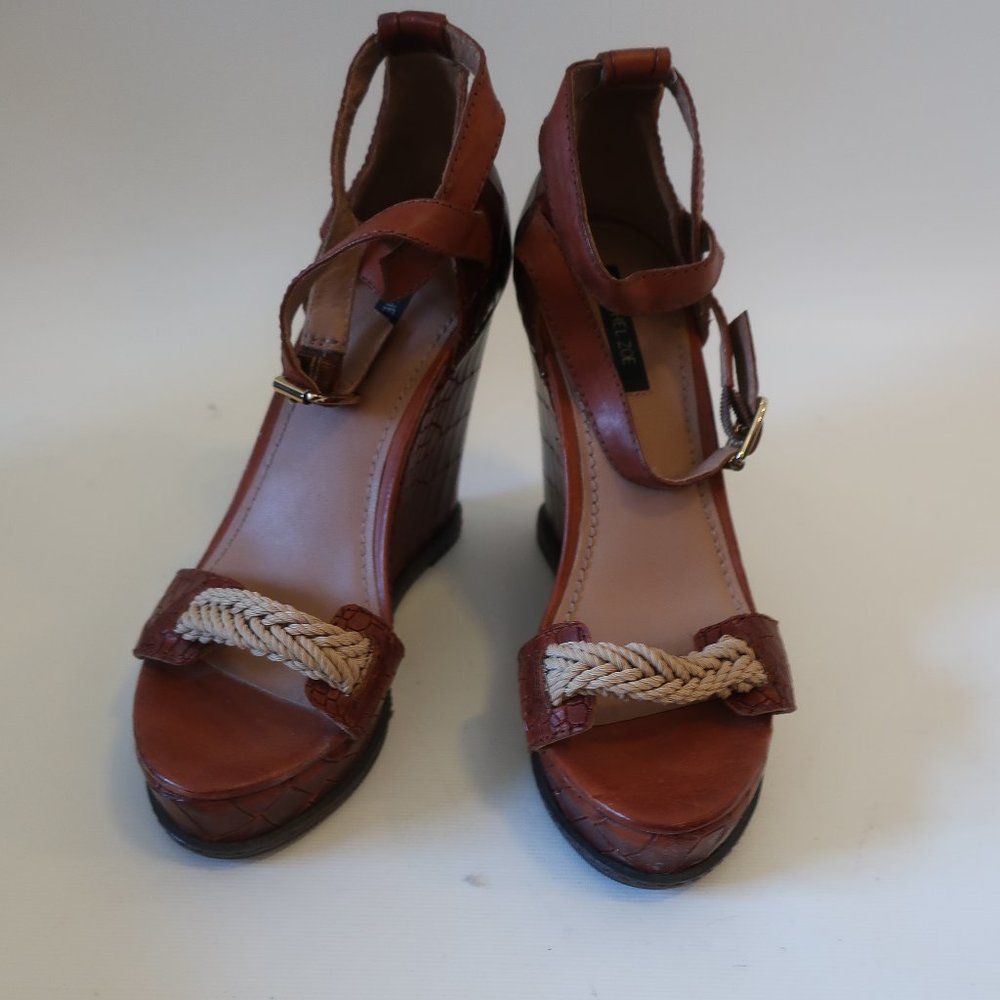 RACHEL ZOE BROWN OPEN TOE WEDGE SANDAL SZ 7 *